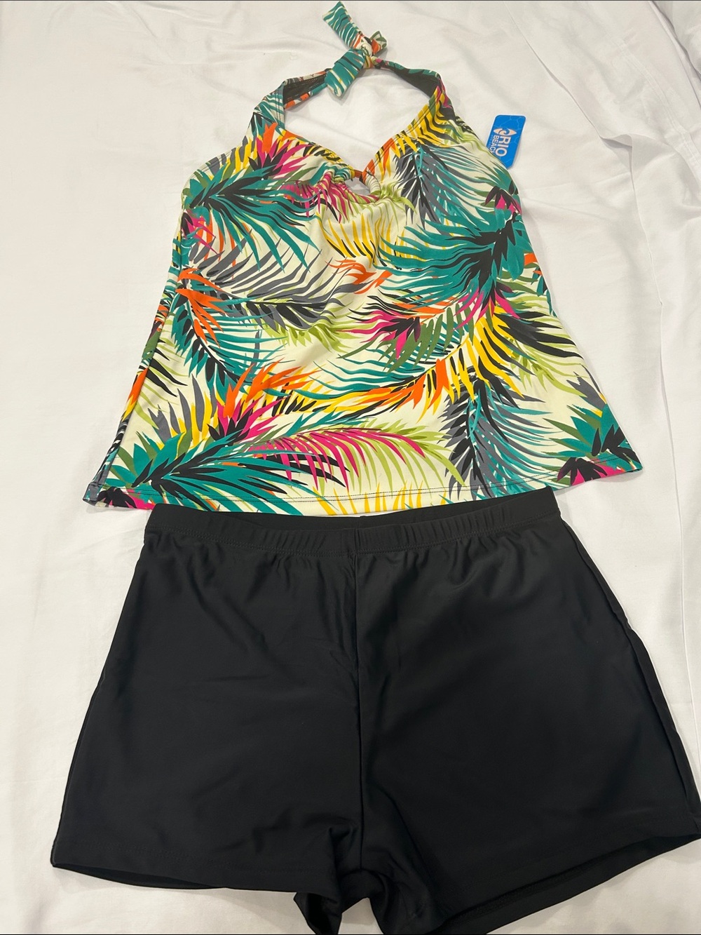 Tropical Halter Tankini Top and Black Swim Shorts - Multicolor